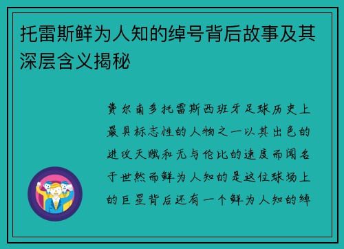 托雷斯鲜为人知的绰号背后故事及其深层含义揭秘